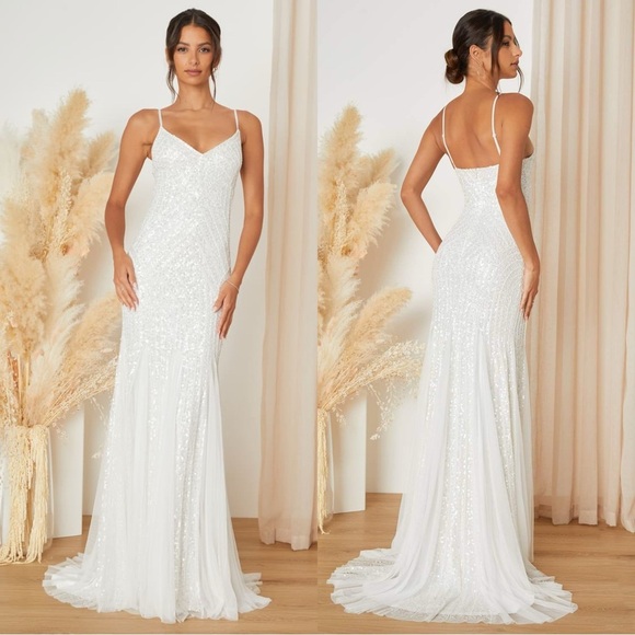 NWOT Lulus Adoring Devotion White Mesh Beaded Sequin Mermaid Maxi Dress - Picture 1 of 7